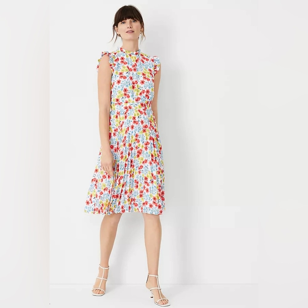 Ann Taylor Dress Womens Size 2 White Floral Ruffle Pleated Flare Lined